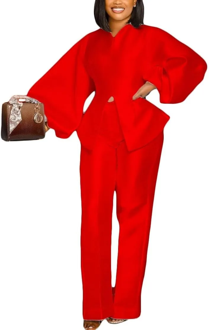 Women's Elegant Solid 2 Piece Outfits Casual Lantern Long Sleeve Top And High Waist Straight Leg Trousers Party Sets