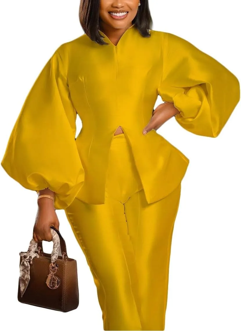 Women's Elegant Solid 2 Piece Outfits Casual Lantern Long Sleeve Top And High Waist Straight Leg Trousers Party Sets