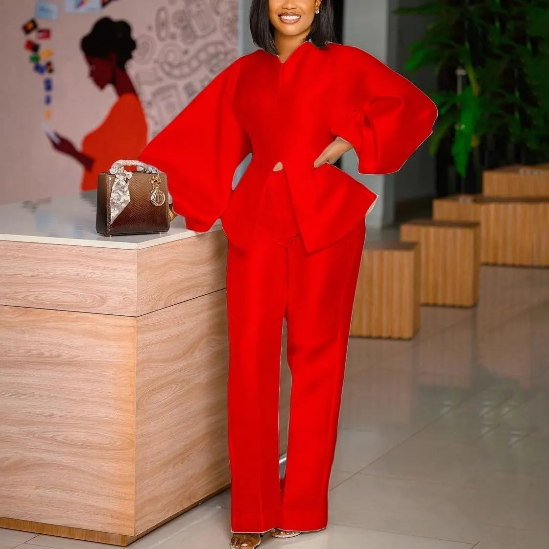 Women's Elegant Solid 2 Piece Outfits Casual Lantern Long Sleeve Top And High Waist Straight Leg Trousers Party Sets