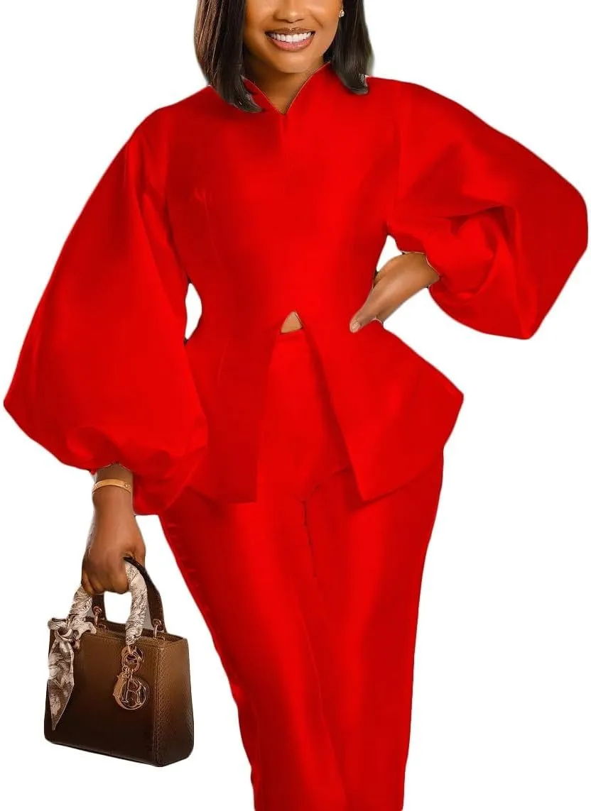 Women's Elegant Solid 2 Piece Outfits Casual Lantern Long Sleeve Top And High Waist Straight Leg Trousers Party Sets