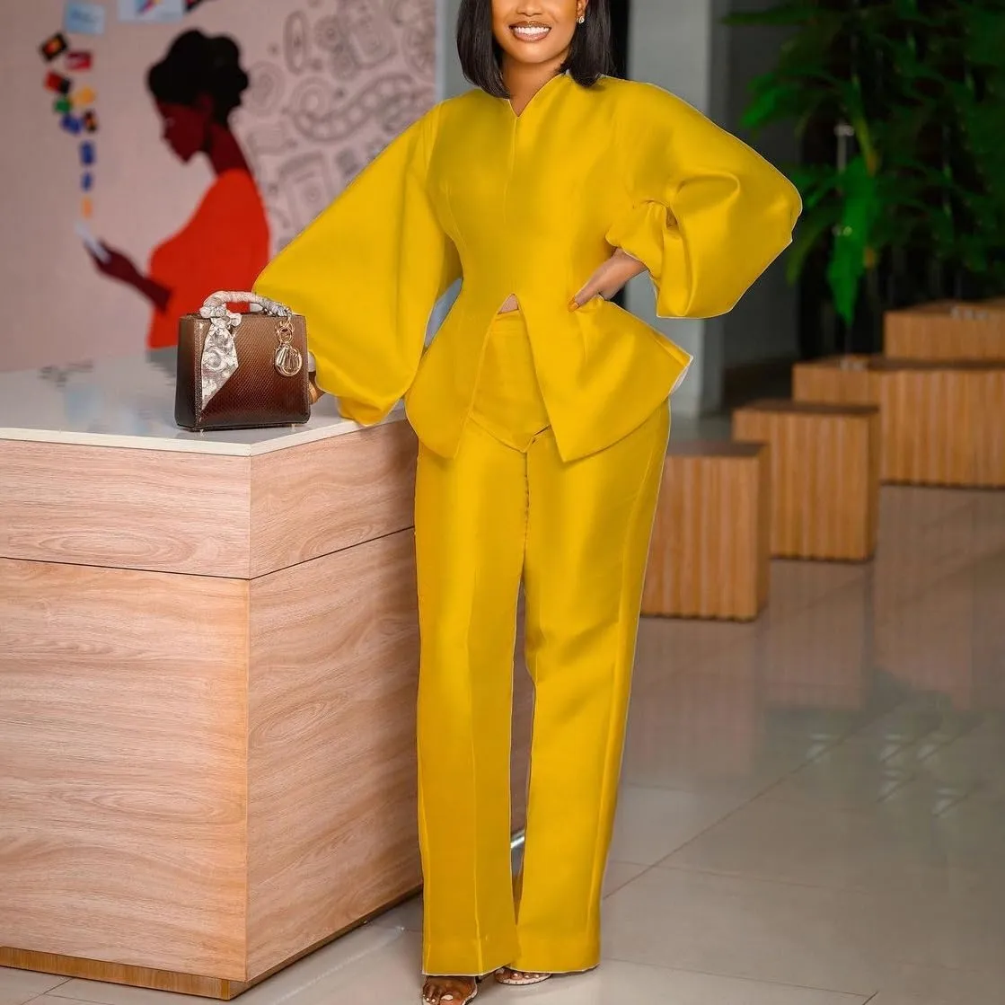 Women's Elegant Solid 2 Piece Outfits Casual Lantern Long Sleeve Top And High Waist Straight Leg Trousers Party Sets