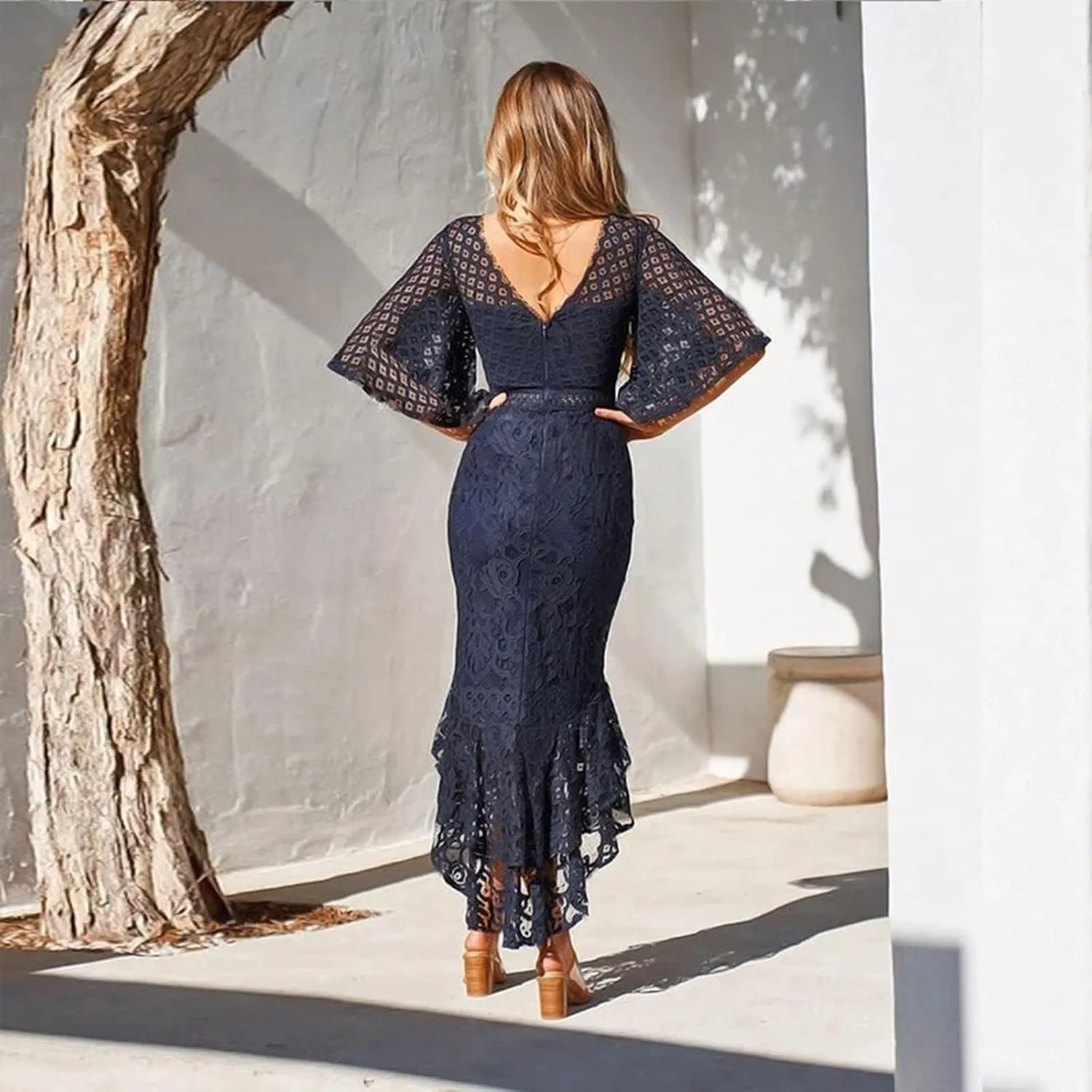 Women's Fishtail Dresses Lace Trim Mermaid Dress Bodycon High Low Cocktail Dress Mesh Hollow Out Bridesmaid Dress