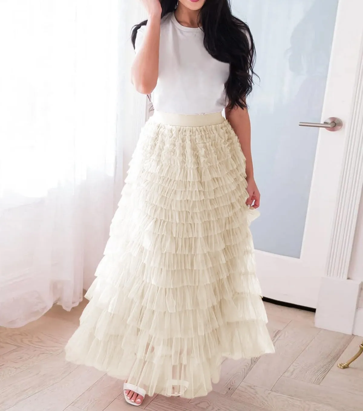 Women's Layered Tule Skirt Tiered Tulle Dress A-Line Ruffle Mesh High Waist Tiered Skirt Princess Party Maxi Skirt