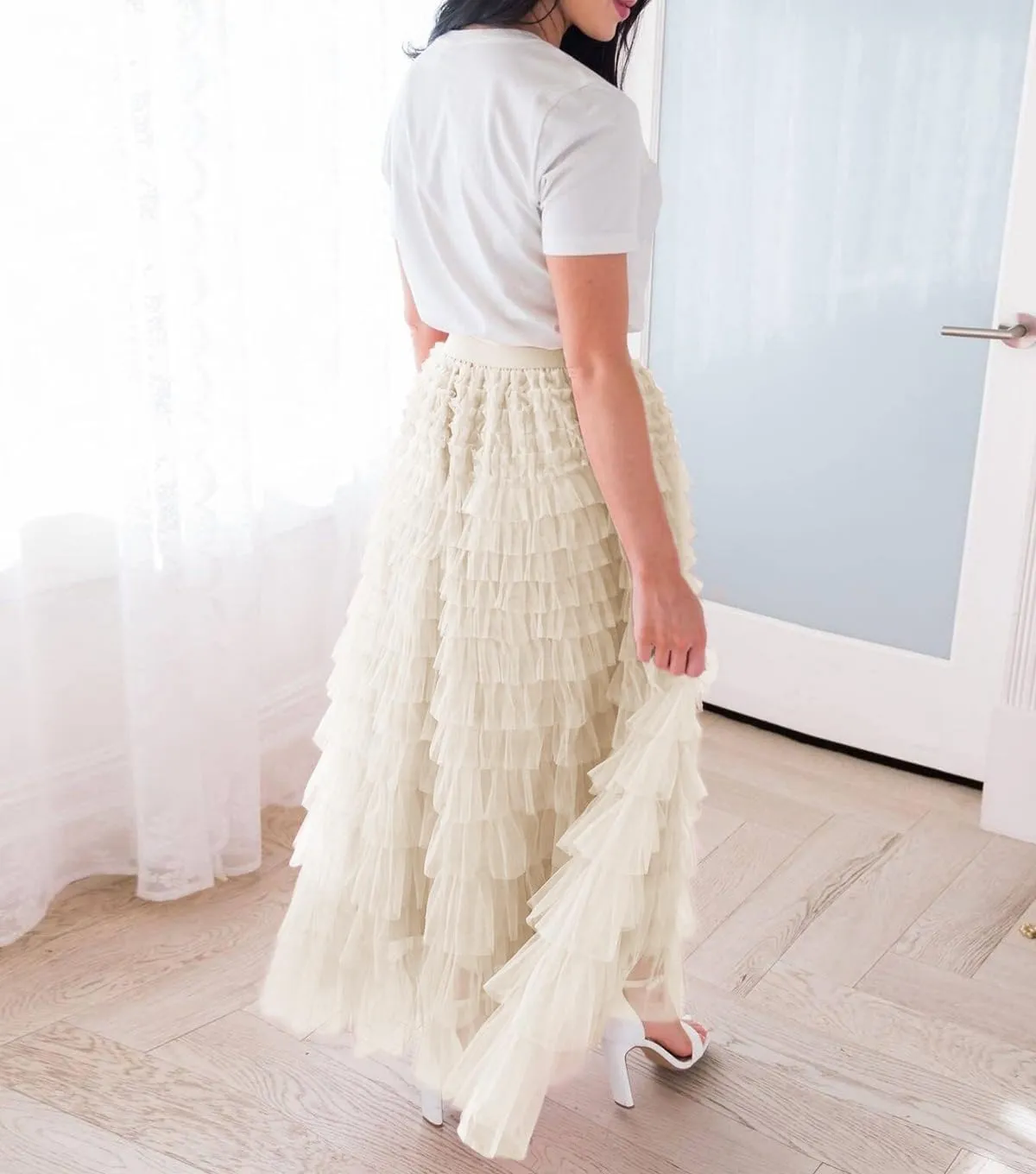 Women's Layered Tule Skirt Tiered Tulle Dress A-Line Ruffle Mesh High Waist Tiered Skirt Princess Party Maxi Skirt