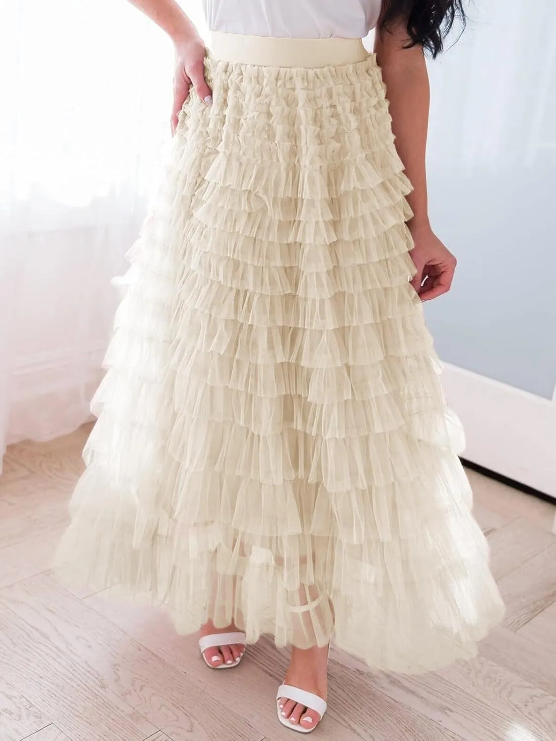 Women's Layered Tule Skirt Tiered Tulle Dress A-Line Ruffle Mesh High Waist Tiered Skirt Princess Party Maxi Skirt