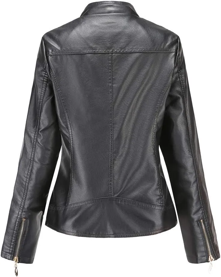 Womens Leather Jackets Biker Jacket Zip Outer Jacket Lapel Short Jacket Wool Winter Top Soft Casual Vegan Leather