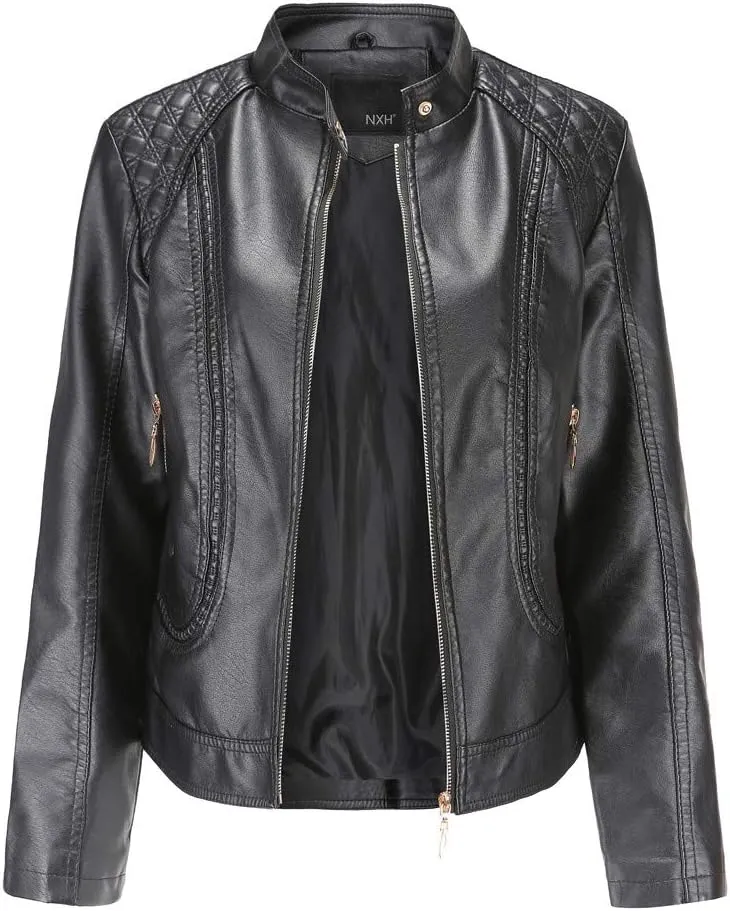 Womens Leather Jackets Biker Jacket Zip Outer Jacket Lapel Short Jacket Wool Winter Top Soft Casual Vegan Leather