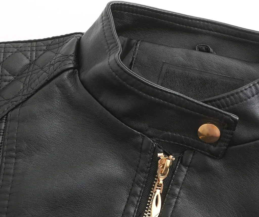 Womens Leather Jackets Biker Jacket Zip Outer Jacket Lapel Short Jacket Wool Winter Top Soft Casual Vegan Leather