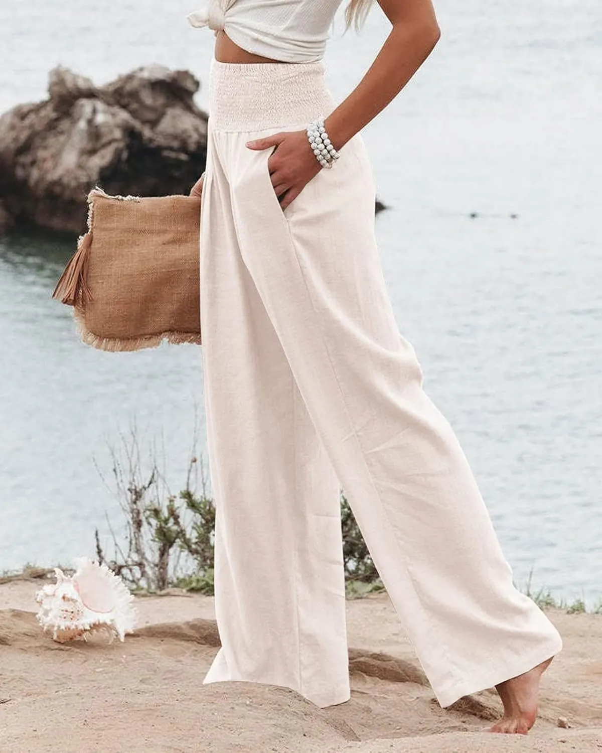 Womens Linen Palazzo Pants Lightweight High Waisted Wide Leg Pant Lounge Flowy Summer Boho Vacation Beach Pant Trousers