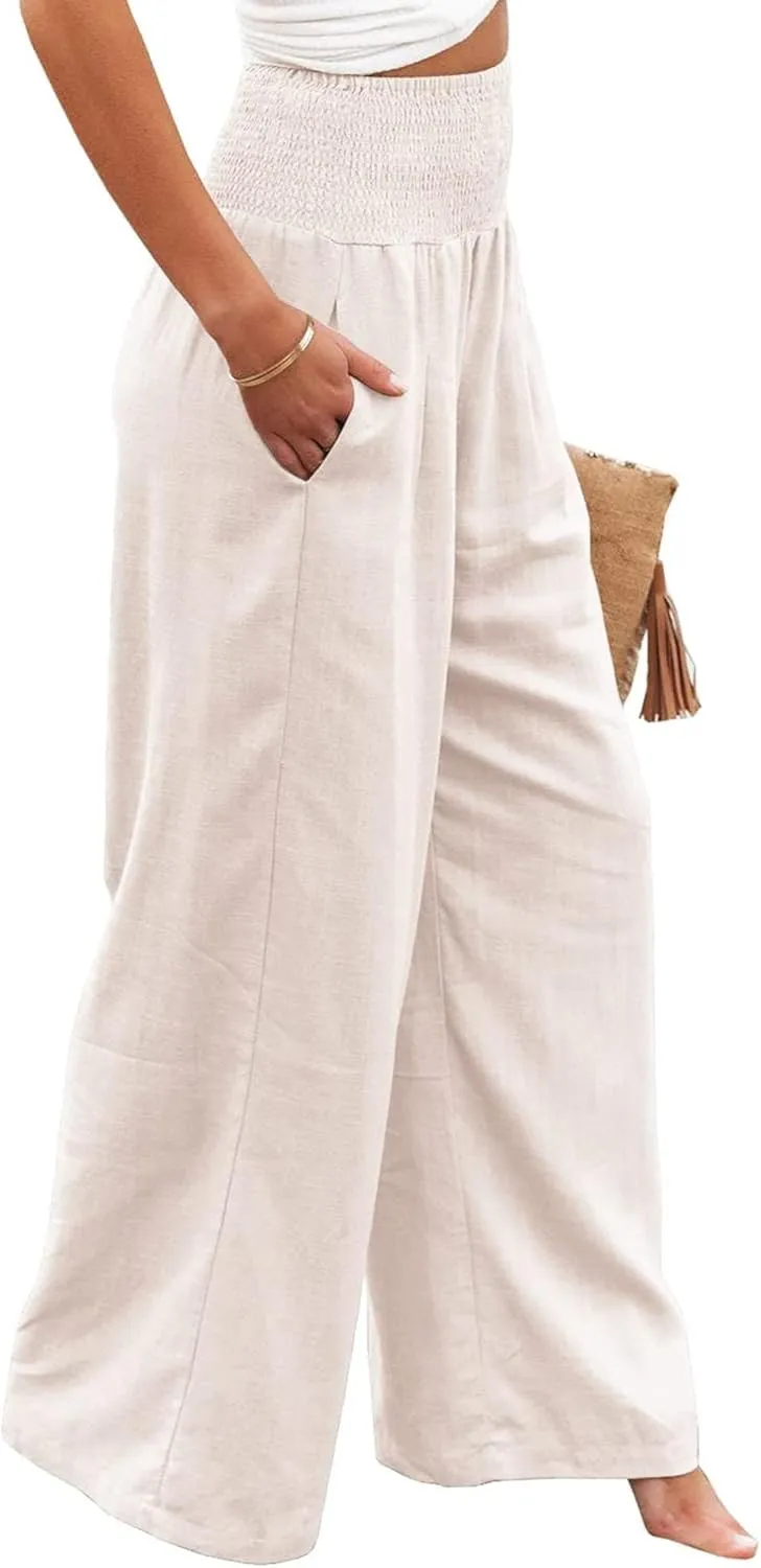 Womens Linen Palazzo Pants Lightweight High Waisted Wide Leg Pant Lounge Flowy Summer Boho Vacation Beach Pant Trousers
