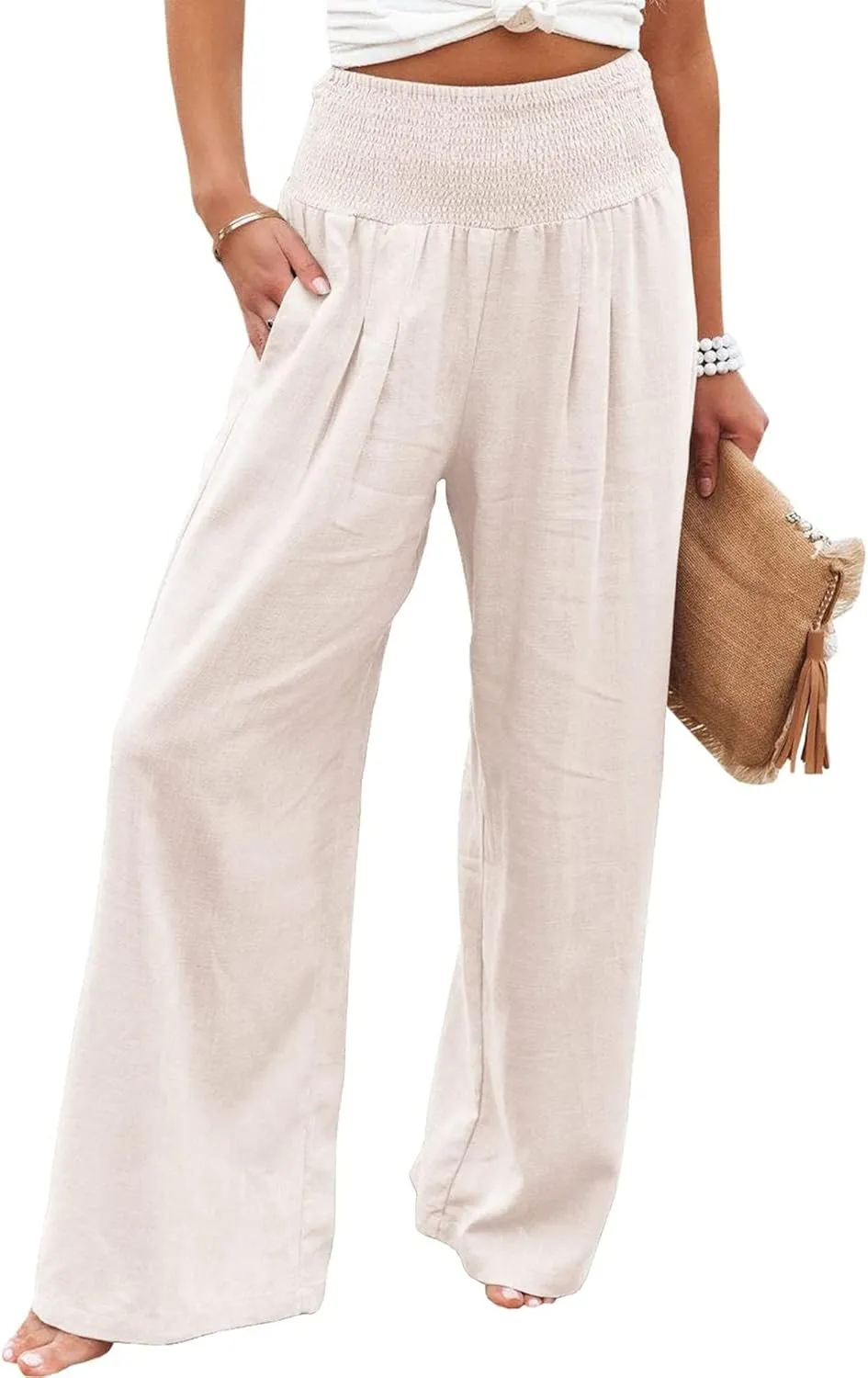 Womens Linen Palazzo Pants Lightweight High Waisted Wide Leg Pant Lounge Flowy Summer Boho Vacation Beach Pant Trousers
