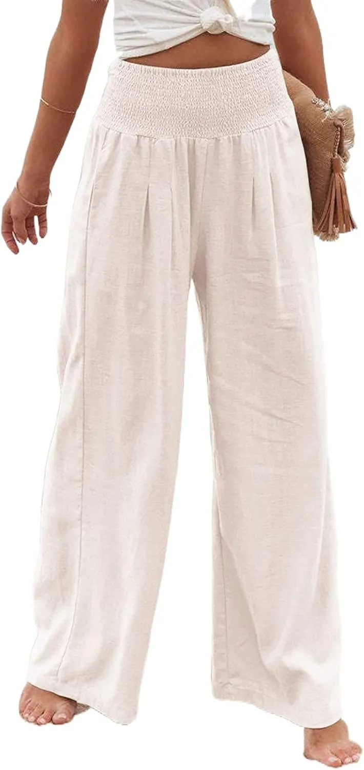 Womens Linen Palazzo Pants Lightweight High Waisted Wide Leg Pant Lounge Flowy Summer Boho Vacation Beach Pant Trousers
