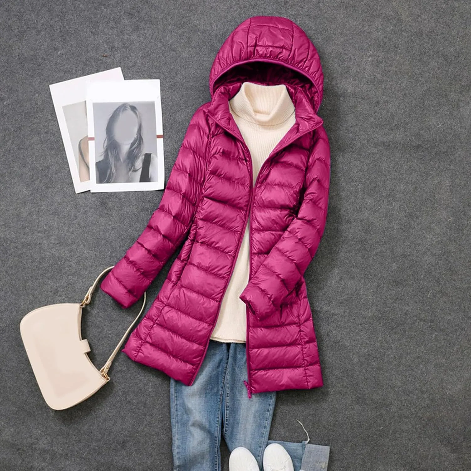 Womens Long Puffer Coat Packable Down Coat Ultralight Parkas Jacket Plus Size Zip Up Winter Hooded Insulated Coat