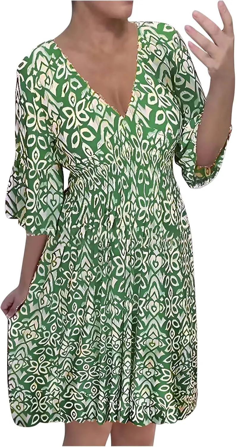 Womens Oversized Warp V-Neck Dresses Summer Resort Dress Vacation Beach Loose Dress Casual Boho Dress