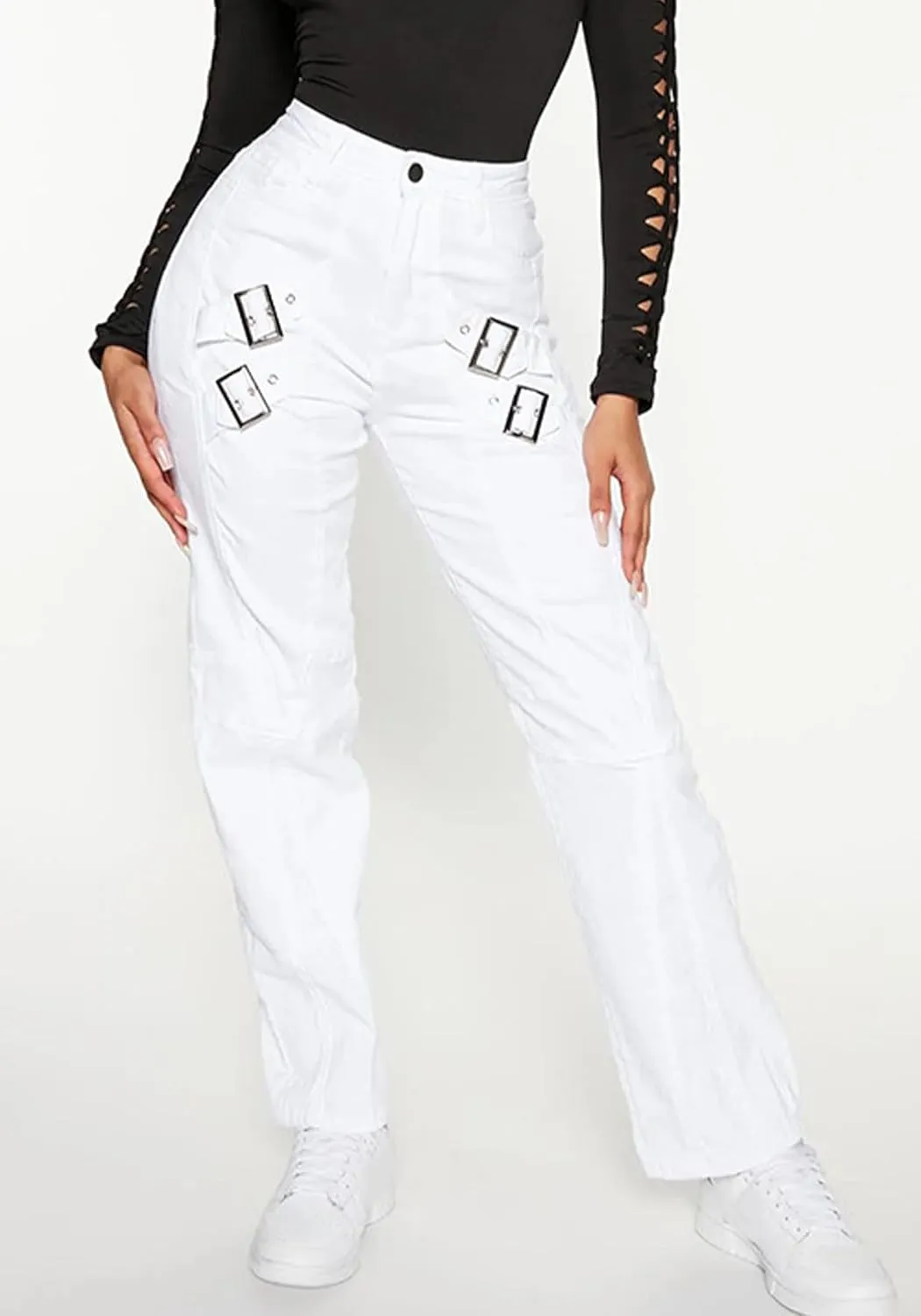 Women's Stretchy Slim Pants Mid Rise Trendy Straight Leg Pencil Trousers with Y2k Metal Buckle, White