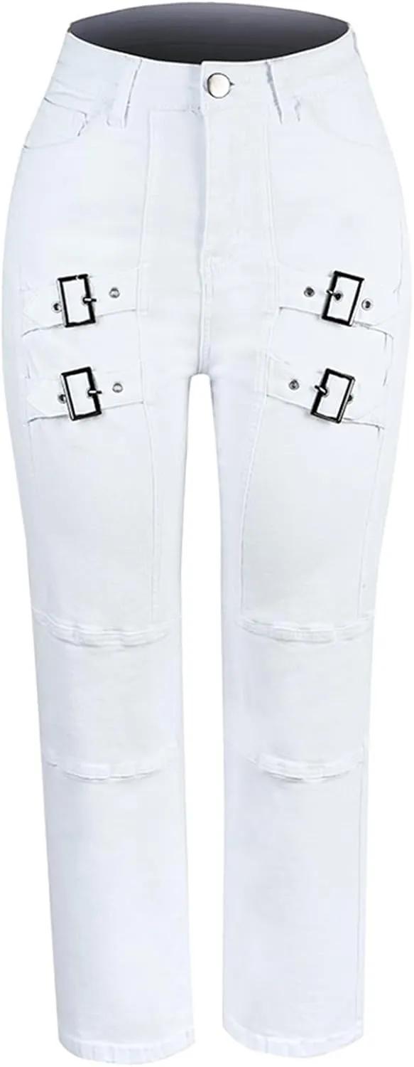 Women's Stretchy Slim Pants Mid Rise Trendy Straight Leg Pencil Trousers with Y2k Metal Buckle, White