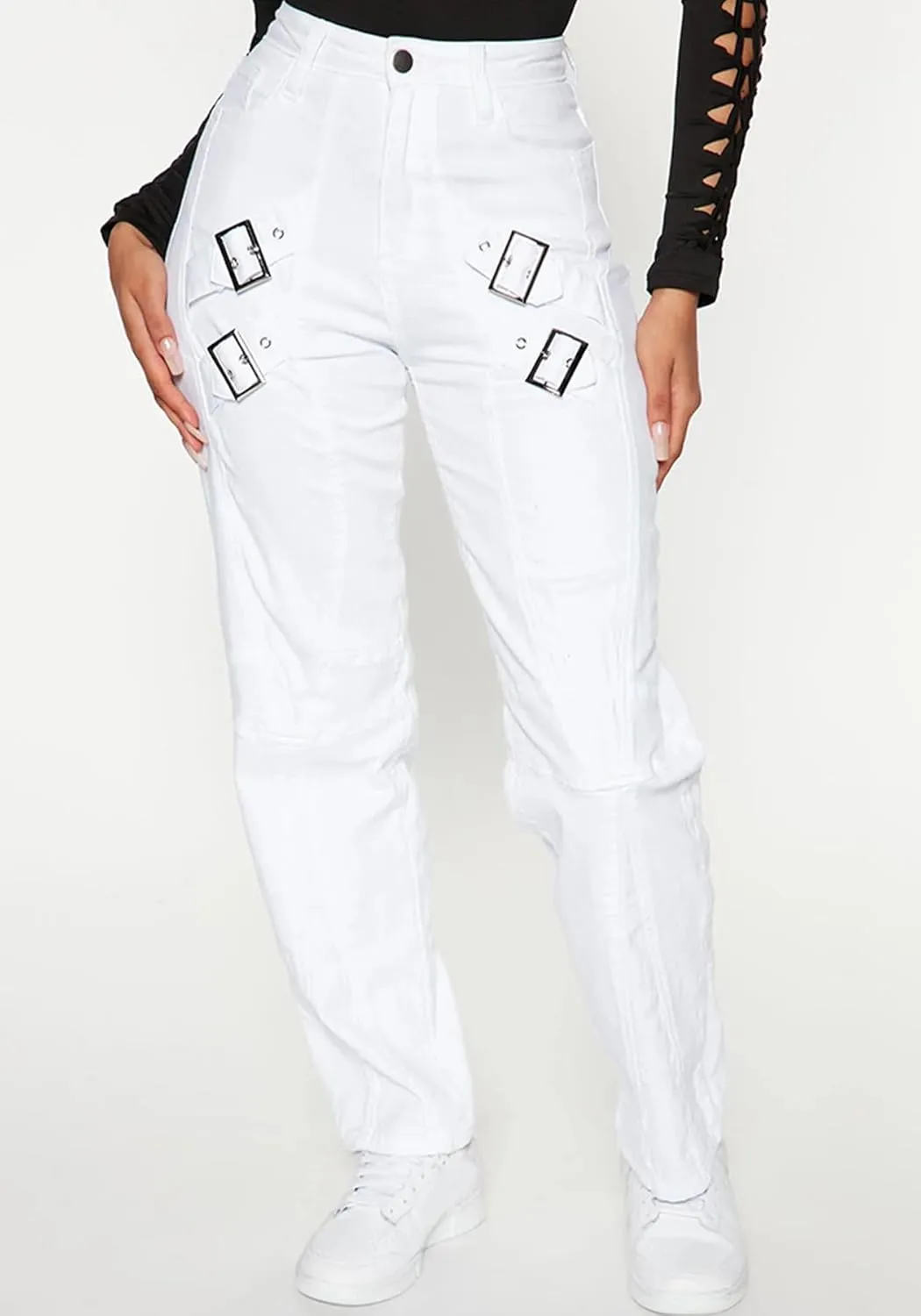 Women's Stretchy Slim Pants Mid Rise Trendy Straight Leg Pencil Trousers with Y2k Metal Buckle, White