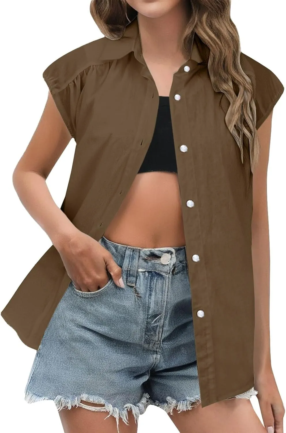 Women's Summer Shirts Lapel Button Down Sleeveless Blouse Thin Lightweight Breathable Outdoor Street Hippie Outfits
