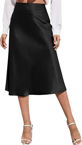Women's Summer Skirts Mid Skirt Long Zipper Elegant Skirt High Waist Solid Color Satin Skirt