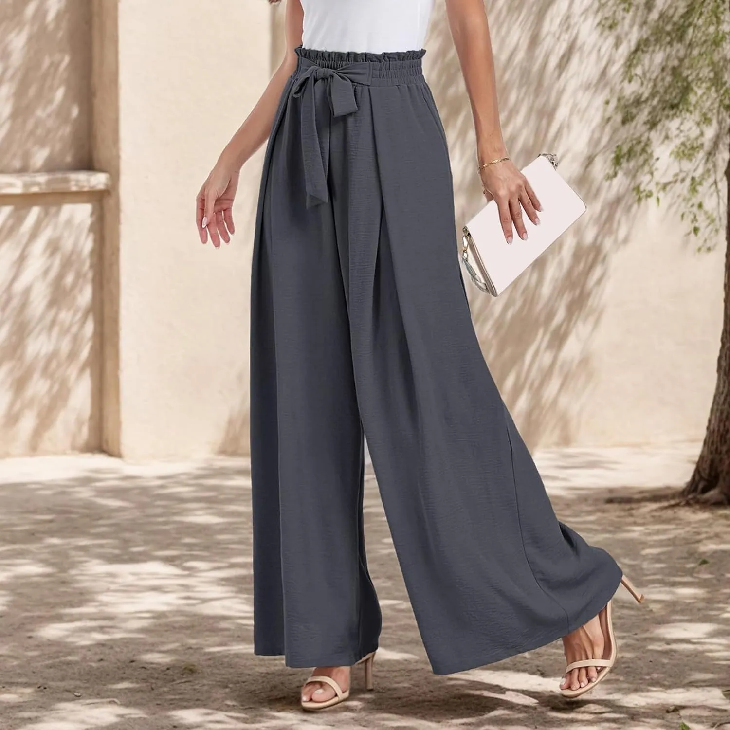 Womens Summer Wide Leg Pants Fashion Dressy Business Pants Drawstring Elastic Waist Boho Pant Solid Color Loose Pant