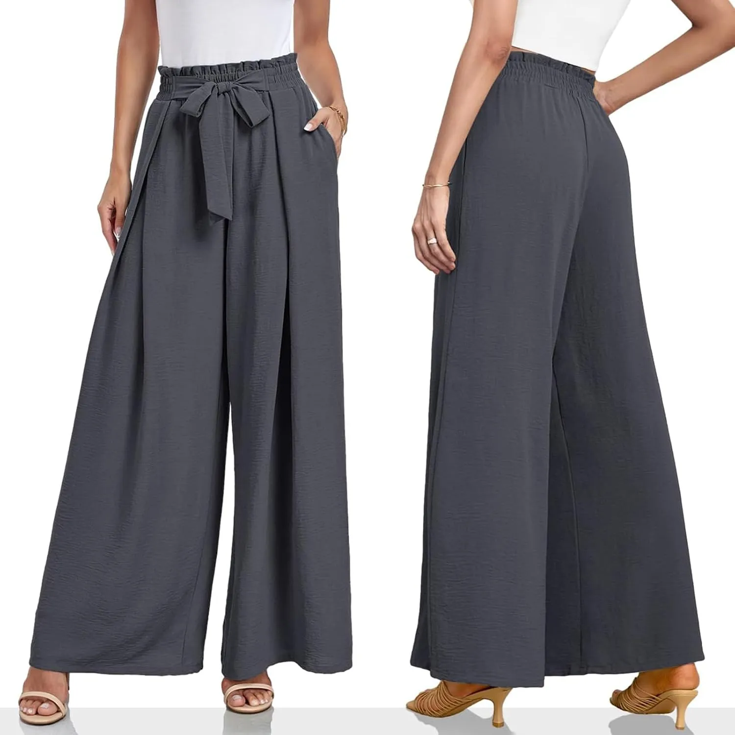 Womens Summer Wide Leg Pants Fashion Dressy Business Pants Drawstring Elastic Waist Boho Pant Solid Color Loose Pant