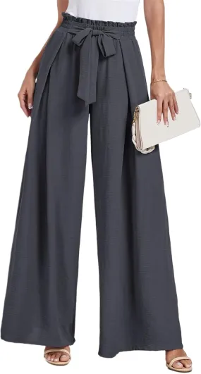 Womens Summer Wide Leg Pants Fashion Dressy Business Pants Drawstring Elastic Waist Boho Pant Solid Color Loose Pant