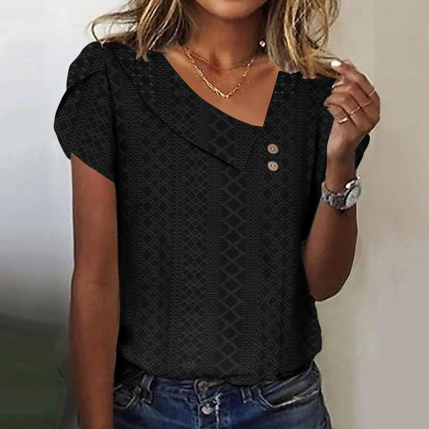 Womens T Shirts Casual Slanted Button Hollow Puff Sleeve Tunic Tops Summer Breathable Travel Vacation Streetwear 2025