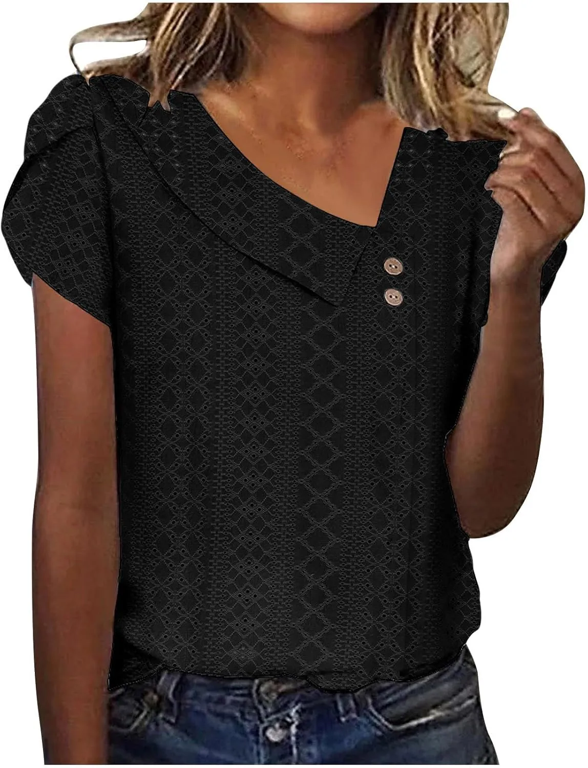 Womens T Shirts Casual Slanted Button Hollow Puff Sleeve Tunic Tops Summer Breathable Travel Vacation Streetwear 2025