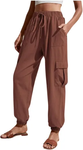 Womens Tapered Cargo Pants Trendy Drawstring Elastic High Waisted Wide Leg Pants Loose Solid Color Casual Trousers