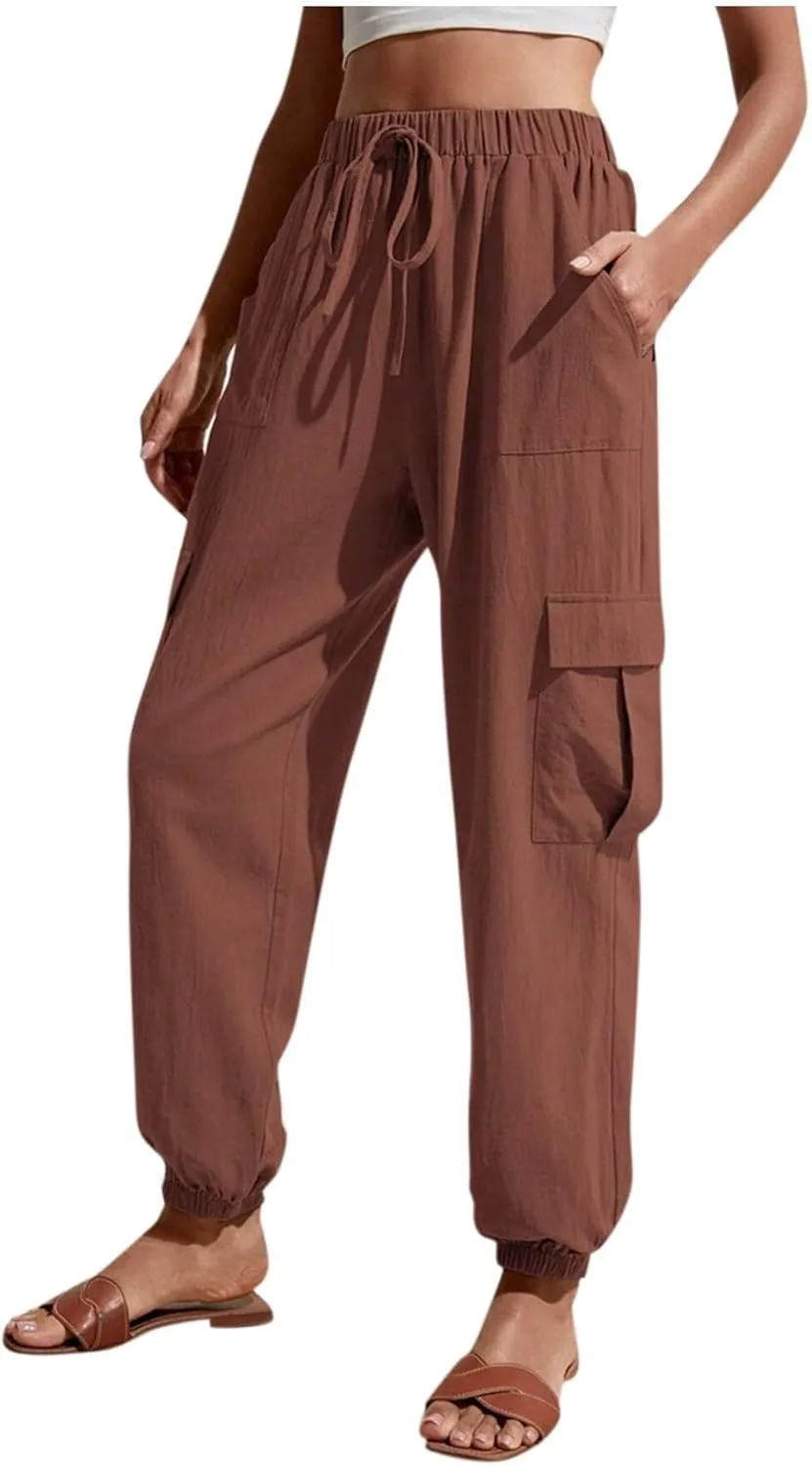 Womens Tapered Cargo Pants Trendy Drawstring Elastic High Waisted Wide Leg Pants Loose Solid Color Casual Trousers