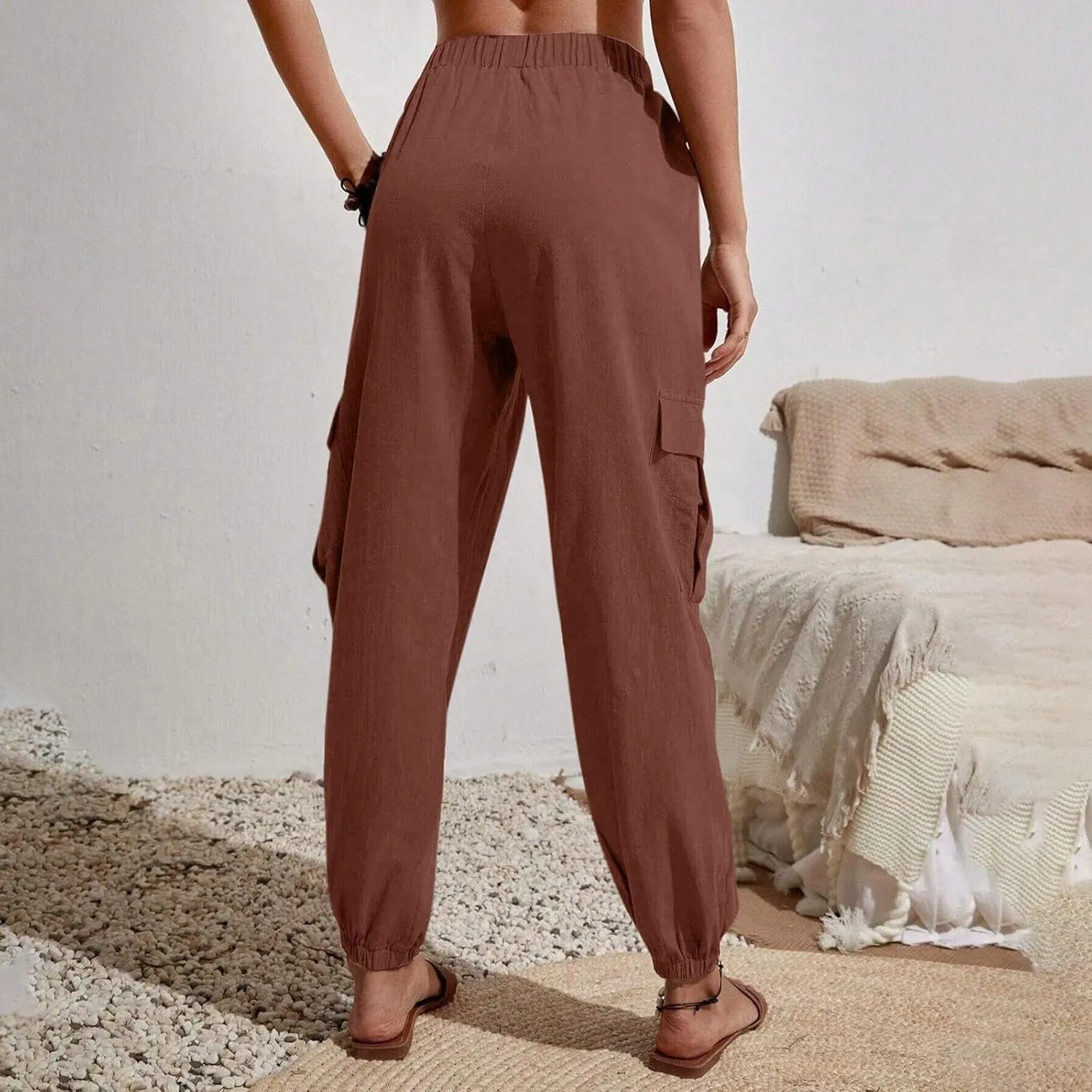Womens Tapered Cargo Pants Trendy Drawstring Elastic High Waisted Wide Leg Pants Loose Solid Color Casual Trousers