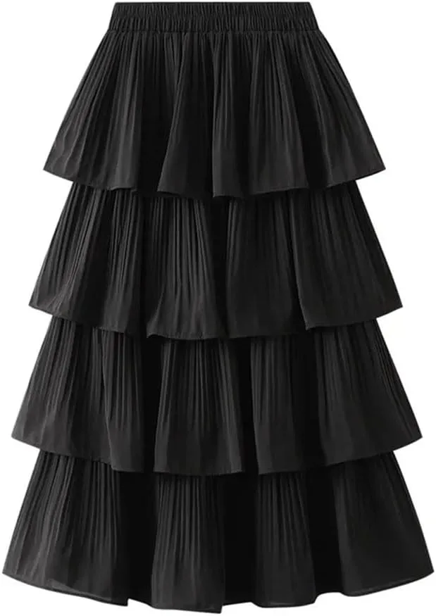 Women's Wooden Ear Stitching Pleated Mini Big Swing Mid Length Cake Long Short Skirt