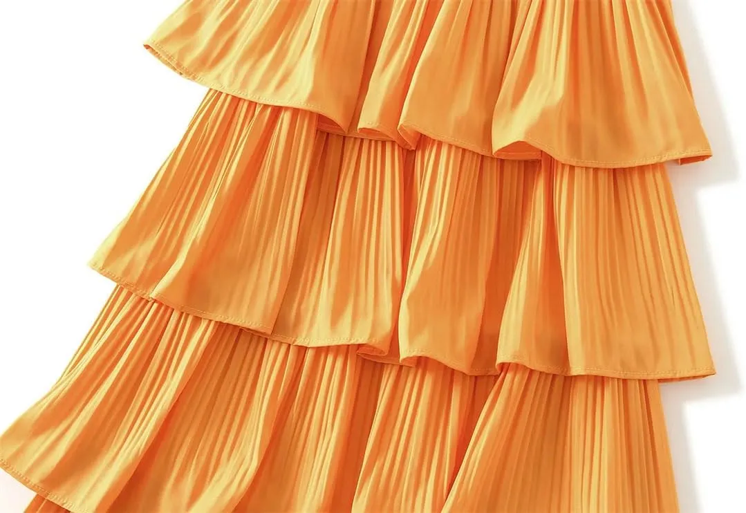 Women's Wooden Ear Stitching Pleated Mini Big Swing Mid Length Cake Long Short Skirt