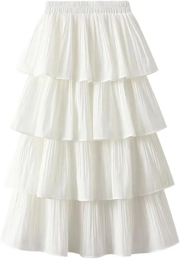 Women's Wooden Ear Stitching Pleated Mini Big Swing Mid Length Cake Long Short Skirt