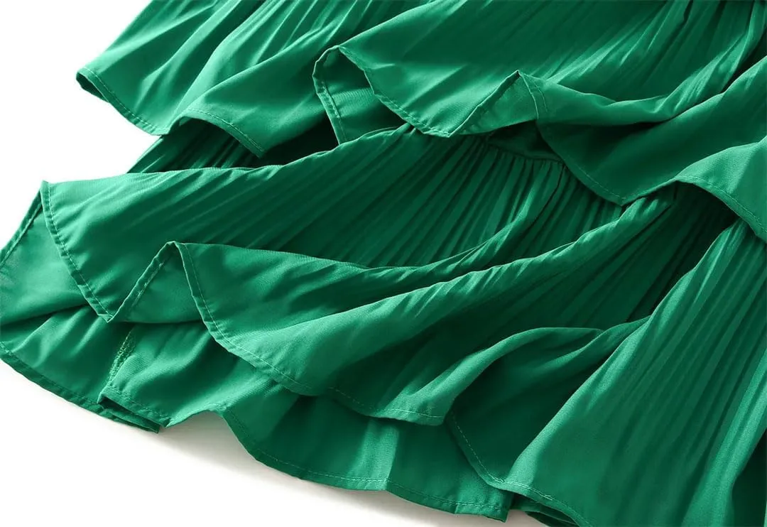 Women's Wooden Ear Stitching Pleated Mini Big Swing Mid Length Cake Long Short Skirt