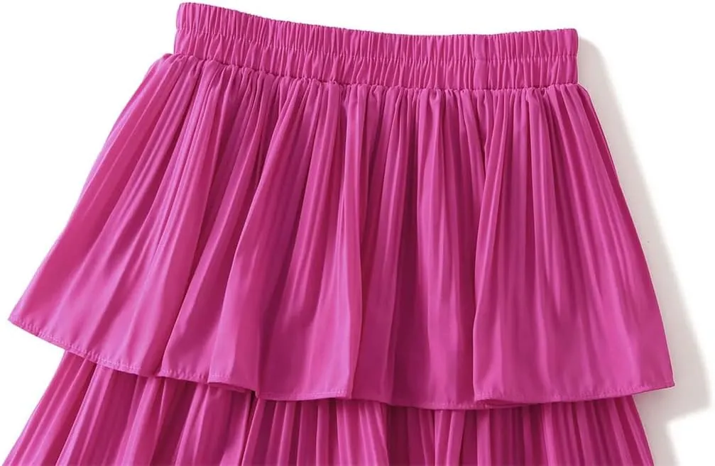 Women's Wooden Ear Stitching Pleated Mini Big Swing Mid Length Cake Long Short Skirt