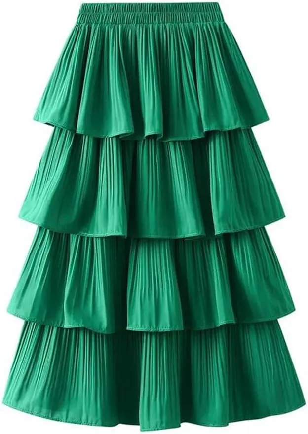 Women's Wooden Ear Stitching Pleated Mini Big Swing Mid Length Cake Long Short Skirt