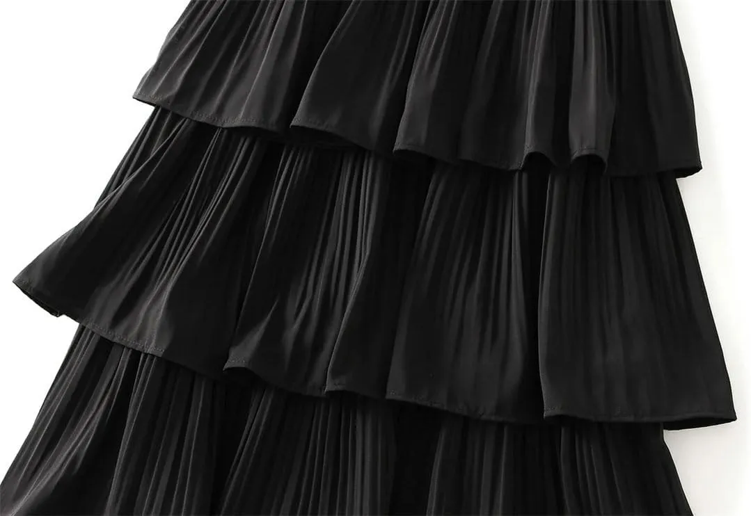 Women's Wooden Ear Stitching Pleated Mini Big Swing Mid Length Cake Long Short Skirt