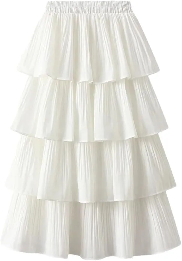 Women's Wooden Ear Stitching Pleated Mini Big Swing Mid Length Cake Long Short Skirt