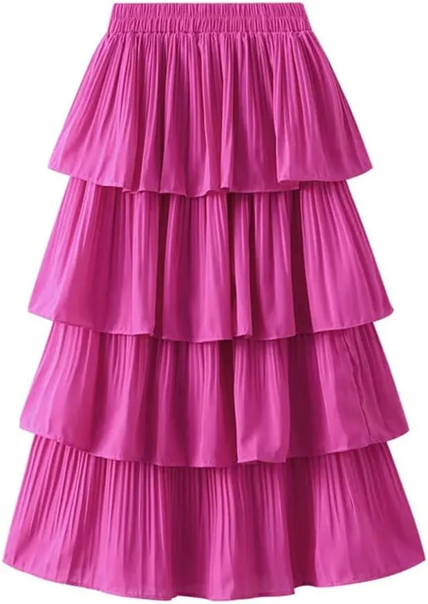 Women's Wooden Ear Stitching Pleated Mini Big Swing Mid Length Cake Long Short Skirt