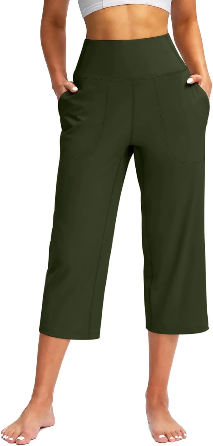 Women's Yoga Pants Casual Wide Leg Capri Pants High Waisted Tummy Control Pant Comfy Athletic Exercise Workout Trousers