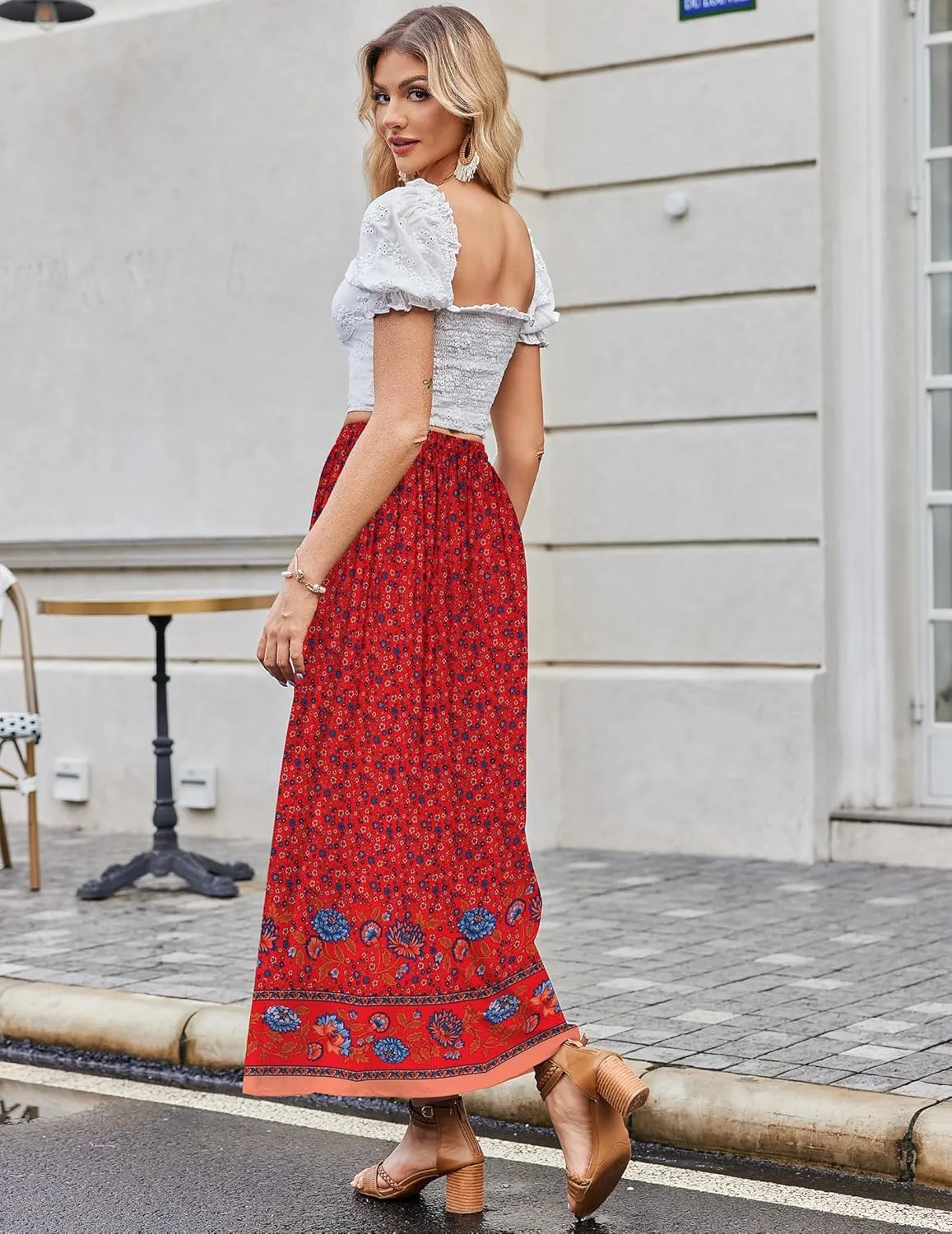 Zeagoo Women's 2025 Boho Floral Skirt Casual Elastic High Waist Maxi Skirts Flowy A Line Beach Long Skirt with Side Pockets