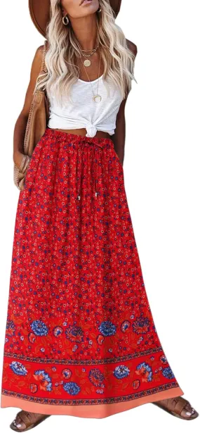 Zeagoo Women's 2025 Boho Floral Skirt Casual Elastic High Waist Maxi Skirts Flowy A Line Beach Long Skirt with Side Pockets