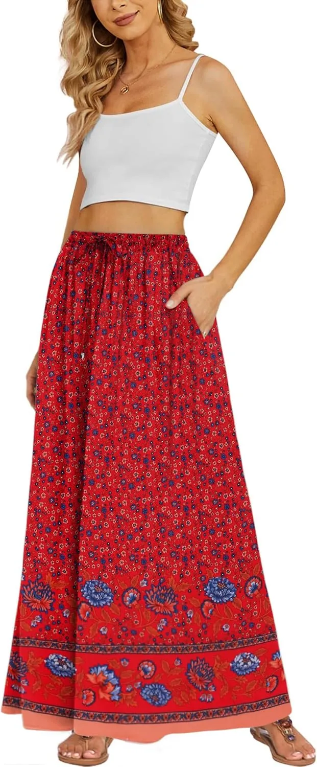 Zeagoo Women's 2025 Boho Floral Skirt Casual Elastic High Waist Maxi Skirts Flowy A Line Beach Long Skirt with Side Pockets