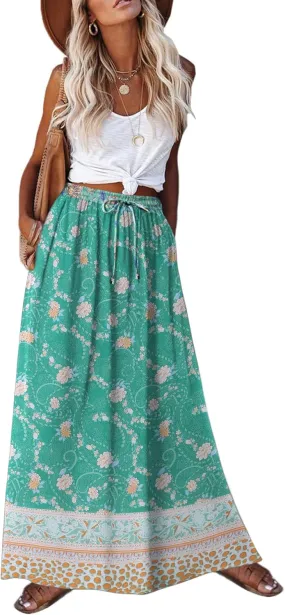 Zeagoo Women's 2025 Boho Floral Skirt Casual Elastic High Waist Maxi Skirts Flowy A Line Beach Long Skirt with Side Pockets
