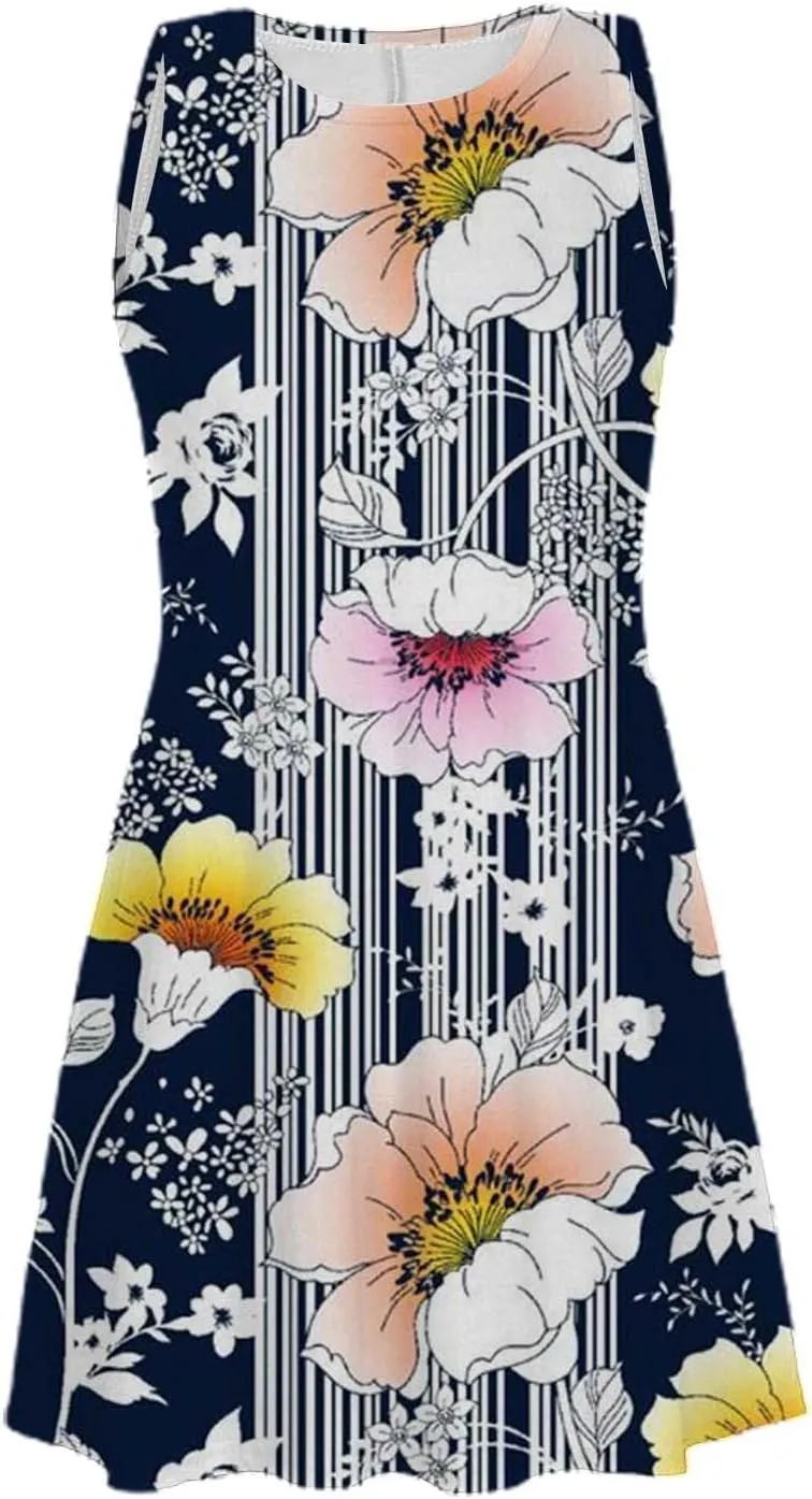 ZYXTIM Women's Summer Boho Dress Floral Print Sleeveless Square Neck Shirred Mini Dress Hawaiian Beach Sun Dress with Pockets