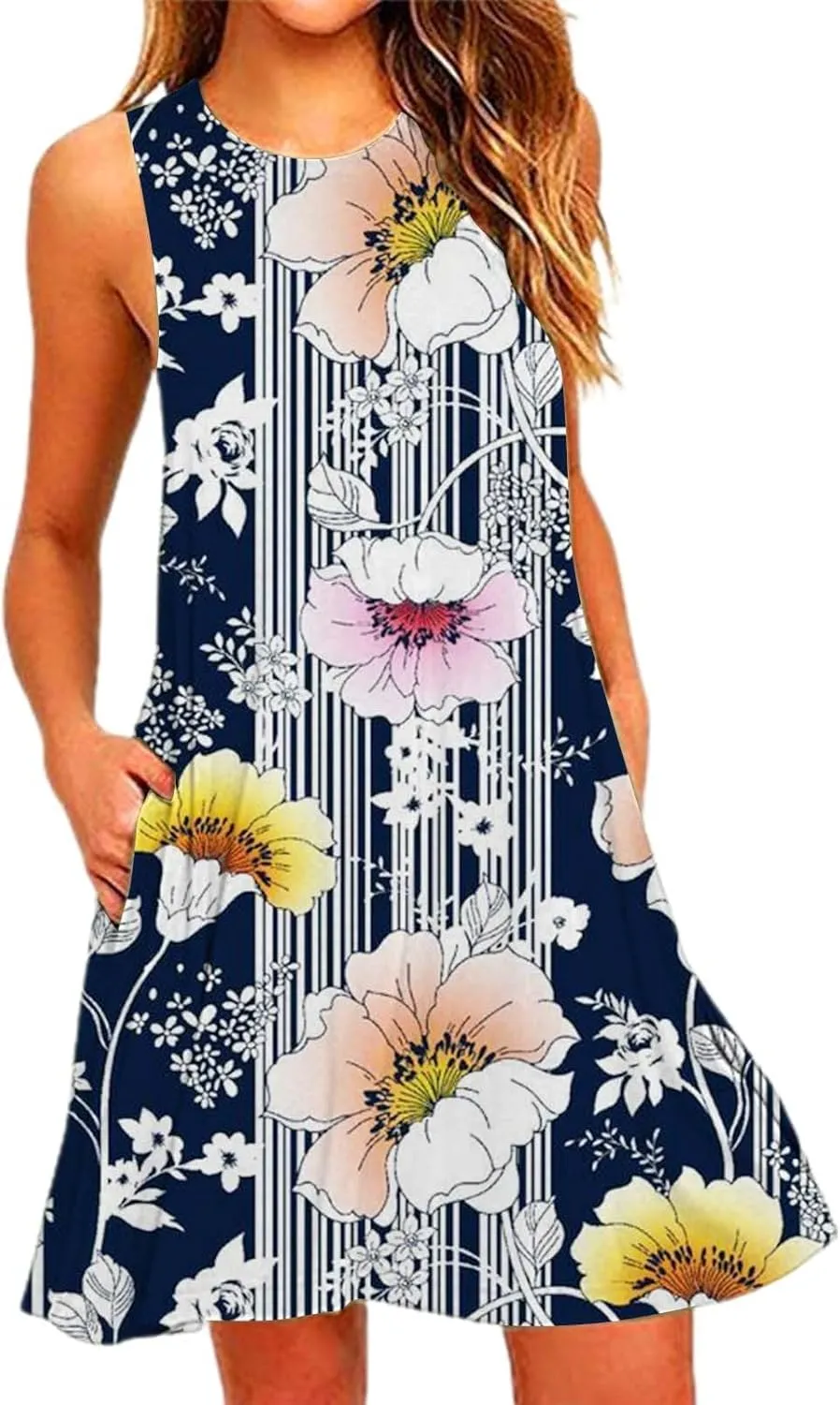 ZYXTIM Women's Summer Boho Dress Floral Print Sleeveless Square Neck Shirred Mini Dress Hawaiian Beach Sun Dress with Pockets