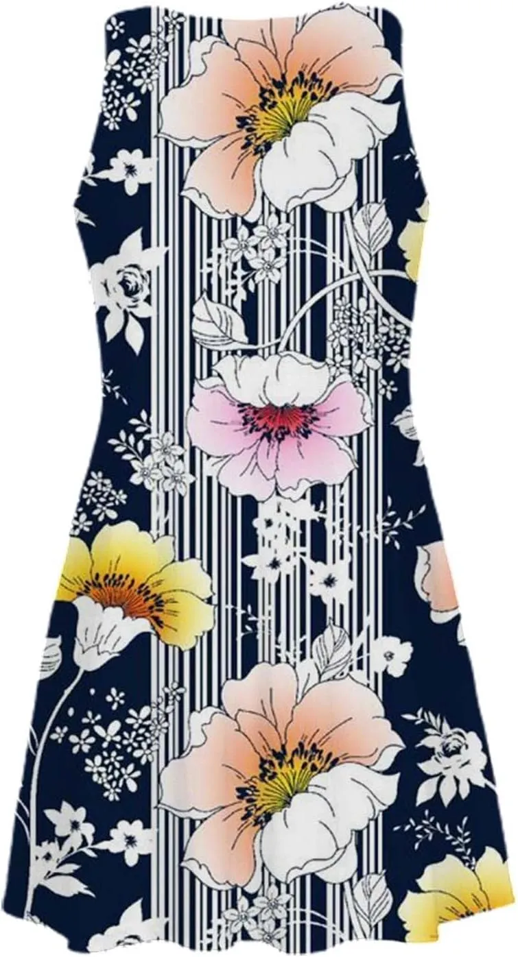 ZYXTIM Women's Summer Boho Dress Floral Print Sleeveless Square Neck Shirred Mini Dress Hawaiian Beach Sun Dress with Pockets
