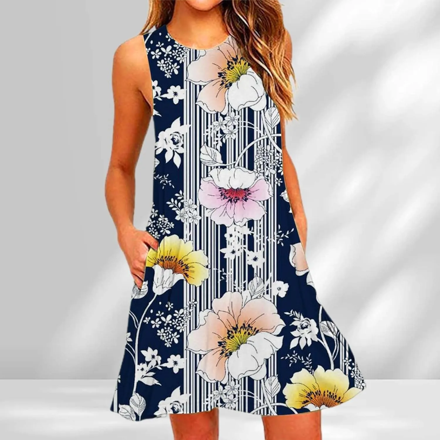 ZYXTIM Women's Summer Boho Dress Floral Print Sleeveless Square Neck Shirred Mini Dress Hawaiian Beach Sun Dress with Pockets